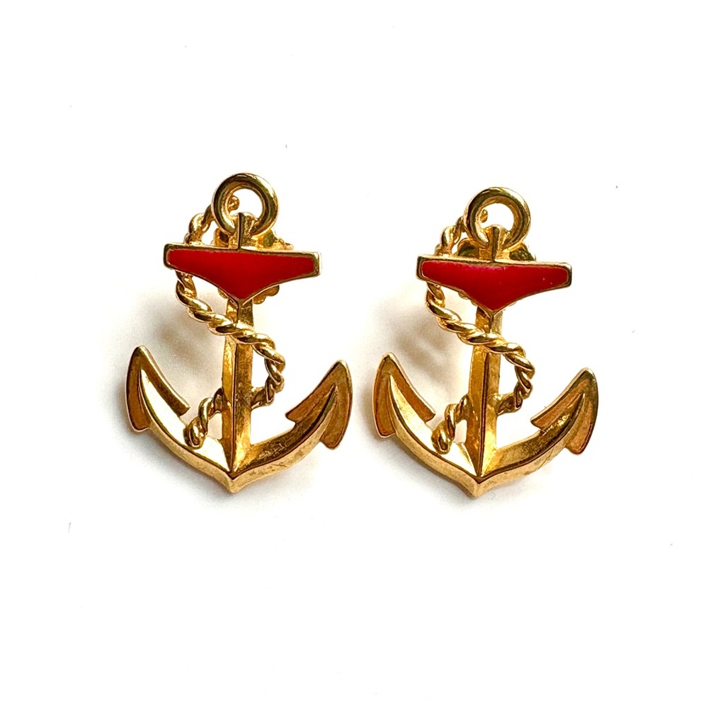 Vintage Gold and Red Anchor Earrings